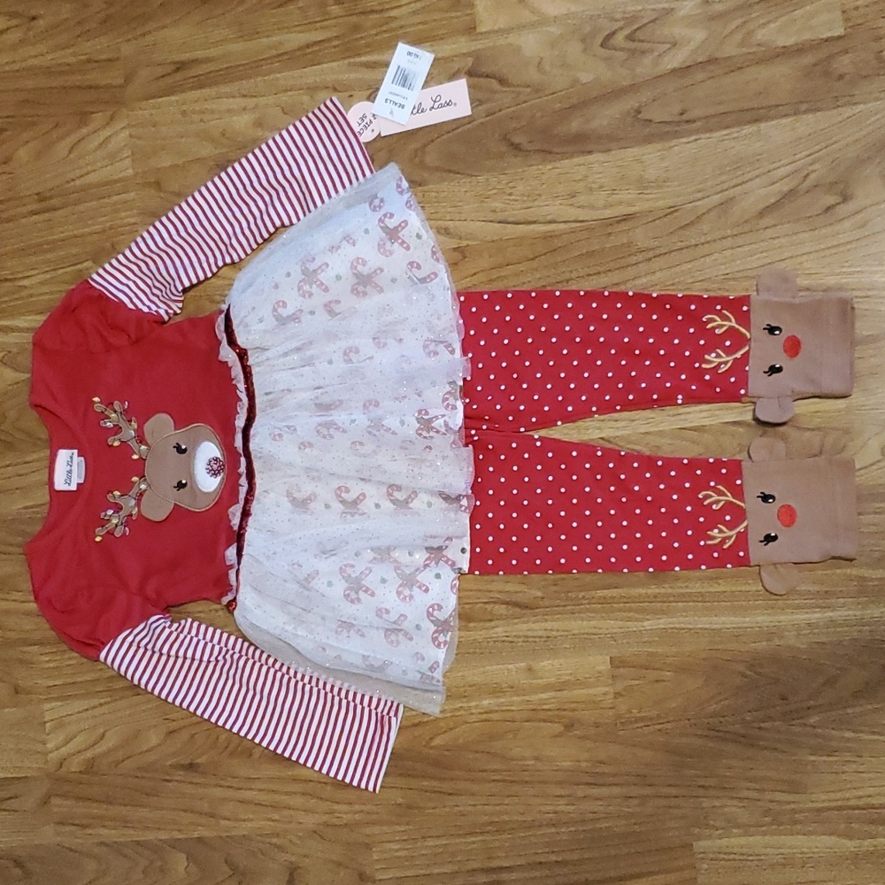 Little Lass NWT Christmas Holiday Outfit Reindeer Rudolph Candy Cane